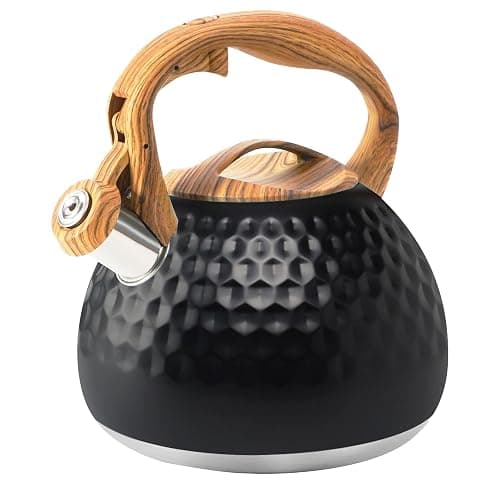 Foedo 3.2Qt Stainless Steel Whistling Tea Kettle Stovetop, Black | Loud Whistling Spout, Cool Touch Wood Grain Handle, Rustproof Food Grade Steel, Compatible With All Stovetops - Image 1