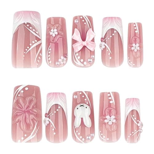 Mivota Soft Gel Press On Nails Long Coffin Pink 3D Flower Bow Bunny Design, Reusable Glue On Fake Nails for Women, Cute Kawaii Salon Manicure Set 24PCS thumbnail 2