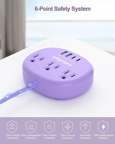 Purple Extension Cord with USB C - 5 FT Flat Power Strip, 1625W Cute Extension Cord with 3 AC Outlet 4 USB (24W/4.8A), Compact for Cute Purple Kawaii Lavender Accessories thumbnail 7