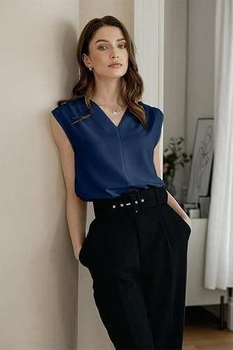 EVALESS Womens Pleated Tank Tops V Neck Casual Sleeveless Blouses Summer Basic Vest Shirt thumbnail 3