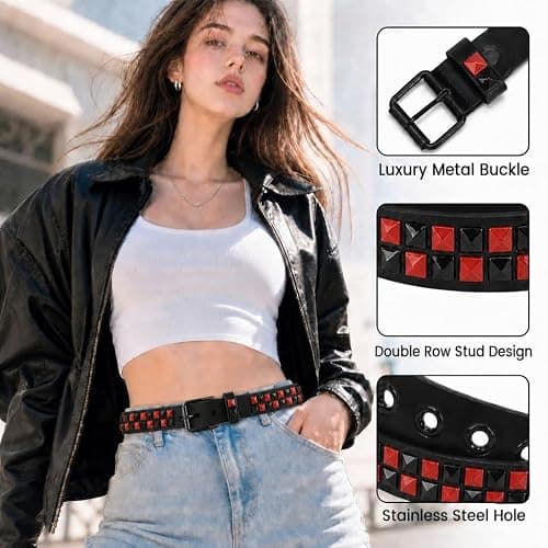 SNCEAW Studded Belt, Metal Punk Rock Rivet Y2K Leather Belt with Bright Pyramid Studded for Women Men thumbnail 2