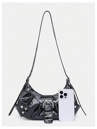 Verdusa Women's Pleated Hobo Shoulder Bags Metallic PU Leather Clutch Handbag - One Size - Glow Black thumbnail 5