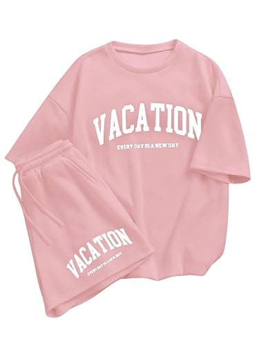 Verdusa Girl's Tracksuit Sets 2 Piece Outfits Letter Print Vacation Tee Top and Drawstring Waist Shorts - Image 1