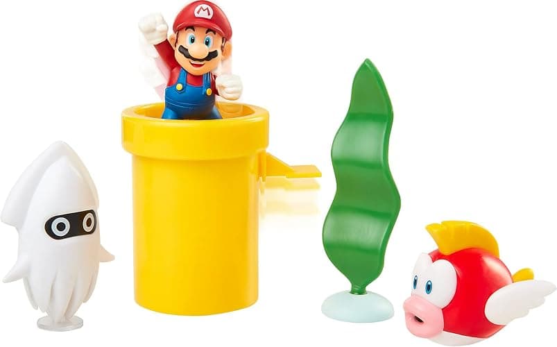 Nintendo Super Mario Underwater 2.5" Figure Diorama Play Set, Includes: Mario, Cheep-Cheep, Blooper, Mechanical Warp Pipe, Spinning Water Plant & Two Coins thumbnail 3