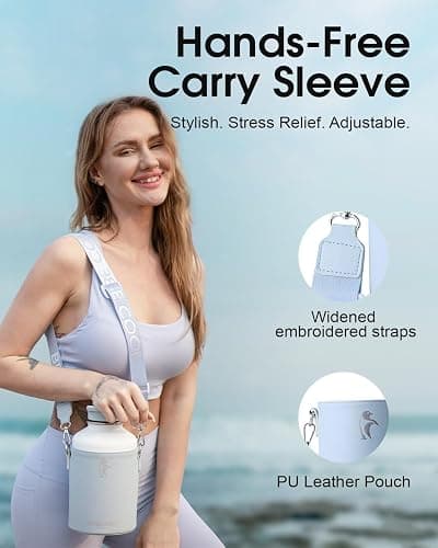 Coolflask 64 oz Water Bottle Insulated with PU Leather Sleeve, Half Gallon Water Bottle Color Contrast with Straw Lids, Stainless Steel Metal Large Water Jug, Keep Cold 48h Hot 24h,Glacier White thumbnail 4