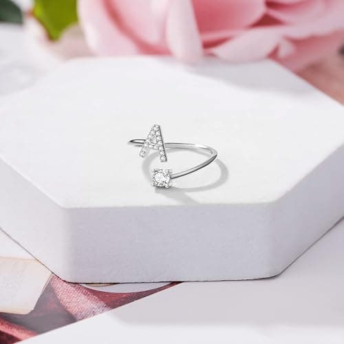 Haoze Silver initial Rings for Girls Women Dainty Gold Plated Adjustable Letter Rings for Teen Girls Stackable Alphabet Rings Birthday Gift for Girls thumbnail 4