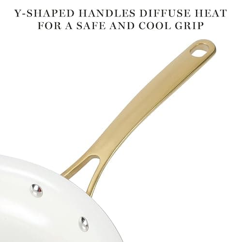 Martha Stewart Lockton Premium Non stick Non Toxic PFA Free Ceramic Interior 10 Piece Heavy Gauge Enamel Aluminum Pots and Pans Cookware Set - Linen White w/Gold Handle thumbnail 4