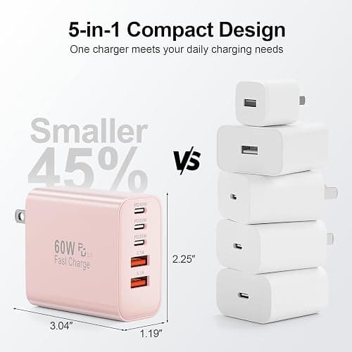 USB C Charger Block, 60W 5-Port Type C Charger Fast Charging Block, USBC USB Multiple Port Wall Charger Plug Adapter for iPhone 17/Air/16/15/14/13/12/11 Pro Max, Samsung Galaxy, iPad, Tablet (Pink) thumbnail 6