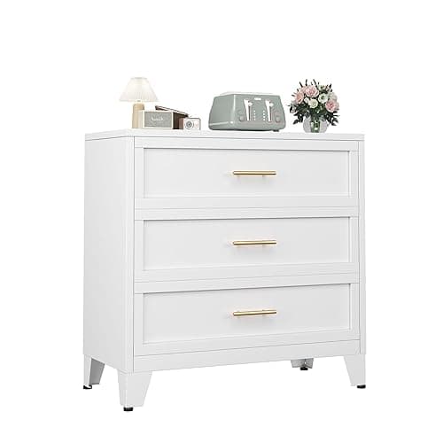 Metal Dresser for Bedroom 3 Drawers Dresser Metal Storage Organizer,34.25" H Black Drawer Chest, Closet Organizers for Living Room, Hallway, Closet - White - 3 Drawers