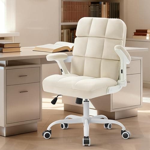 SEATZONE Home Office Chair–Beige Velvet Desk Chair with Wheels, Comfortable Computer Work Chair with Flip-up Arms and Adjustable Tilt thumbnail 10