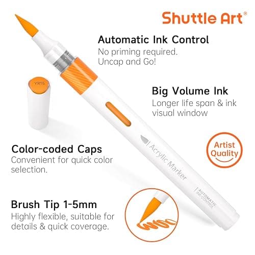 Shuttle Art Automatic Ink Control Acrylic Paint Markers, 60 Colors Brush Tip Acrylic Paint Pens for Rock Painting, Ceramic, Wood, Canvas, Glass, Stone, Fabric, Card Making, DIY Supplies, FlipFunAlong thumbnail 5