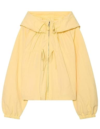 Wyeysyt Women Windbreaker Jacket Lightweight Gathered Hooded Jacket | Windbreaker, Drawstring Hem, Varsity Jacket with Pockets, Cropped Coat - Image 1