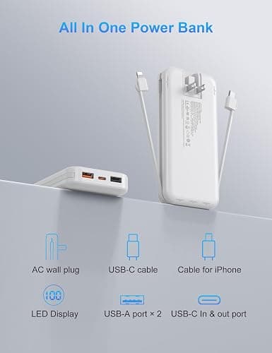 Ffnpua Portable Charger Power Bank 10000mAh PD20W w/Built-in Cables | Portable Phone Charger,Fast charging,Built in wall plug,LED display,Charge 5 devices at once,Pass through charging thumbnail 9