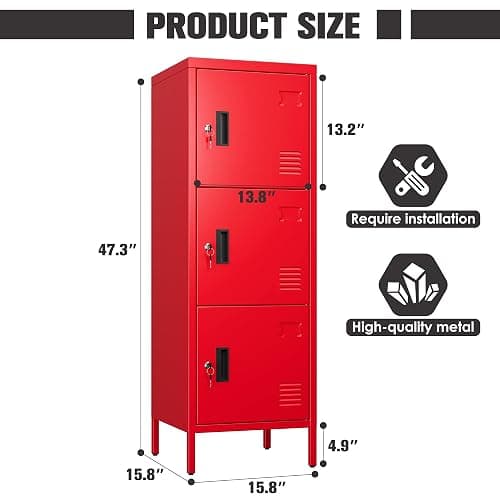 SUPEER Metal Storage Locker with Ventilation Holes, Metal Storage Locker with Lock and Card Slot for School, Office, Home,47.3" H x 15.8" W x 15.8" D,Assembly Required,Red thumbnail 3