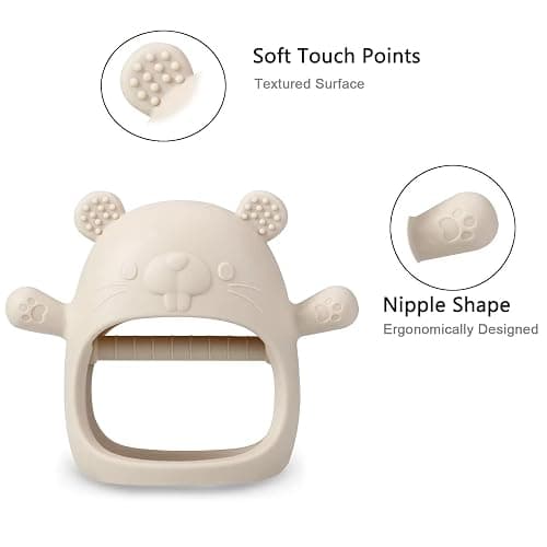 PandaEar 2 Pakc Silicone Baby Teething Toys| Baby Hand Teether Mitten for Sucking Needs| Baby Chew Toys Hand Pacifier for Soothing Teething Pain Relief (White/Pink) thumbnail 5