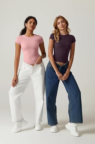 QINSEN Women's Crew Neck Short Sleeve Tees Double Lined Slim Fit T Shirt Basic Y2K Tops thumbnail 6