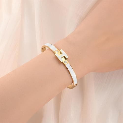 Hothink Gold Bracelets for Women, H Bangle Bracelet, Dainty 18K Gold Plated Stainless Steel Enamel Bracelet for Everyday, Work, Party, Stackable Gift for Mom, Wife, Girlfriend thumbnail 3