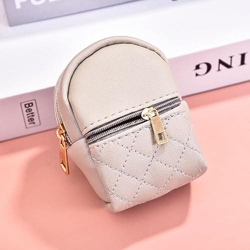 Mini Backpack Cute Cosmetic Bag for Women, Creative Cute Pendant Keychain Key-chains Keyrings PU Leather Makeup Bag Key Pocket Lipstick Bag Card Holder Data Cable Organizer Zipper Pouch (Beige) - Beige thumbnail 8