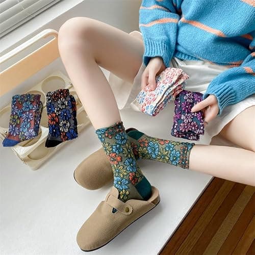FORJMMP Vintage Embroidered Floral Socks for Women, Combed Cotton Crew Socks thumbnail 2