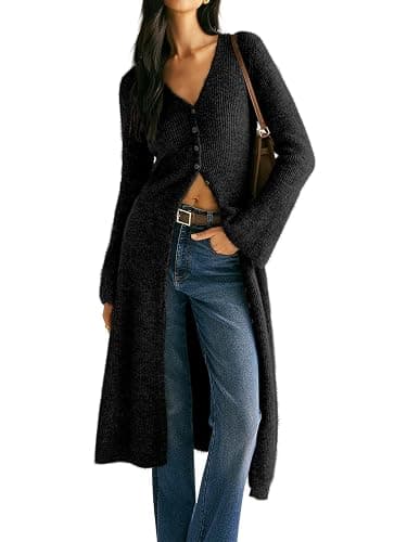 Jenisso Womens V-Neck Button Maxi Cardigan Bell Long Sleeve Open Front Split Breasted Sweater Dress - Image 1