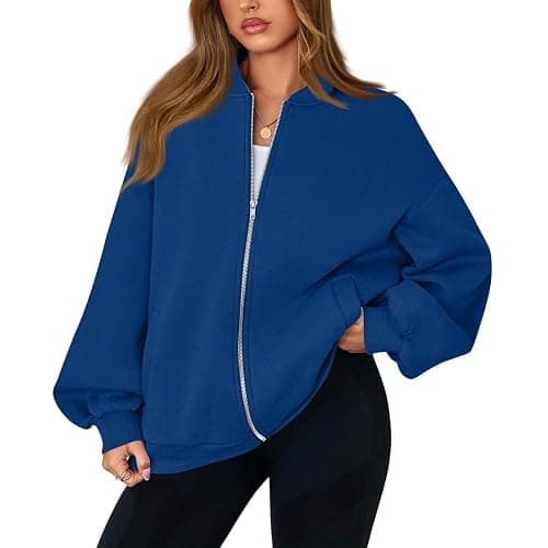 EOPUING Zip Up Jacket No Hood Casual Spring Fall Lightweight Oversized Bomber Jacket Women Hoodless Sweat Jacket - Image 1