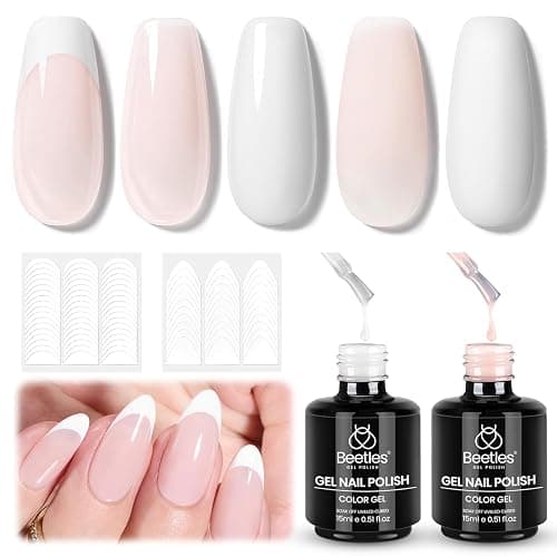 Beetles French Gel Polish Set - White Nude Pink Gel Nail Polish Soak Off UV LED French Tip Manicure with 2 French Manicure Nail Art Sticker Sheets, Classic French Nail Kit for DIY at Home or Salon - Image 1