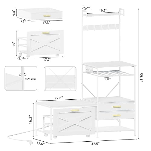 Jartoil Mini Fridge Stand with Microwave Shelf, Farmhouse Mini Fridge Stand with Wine Rack & Power Outlet, Kitchen Bakers Rack with Shelf and Drawers for Home Dorm Office Bar, White Large thumbnail 2