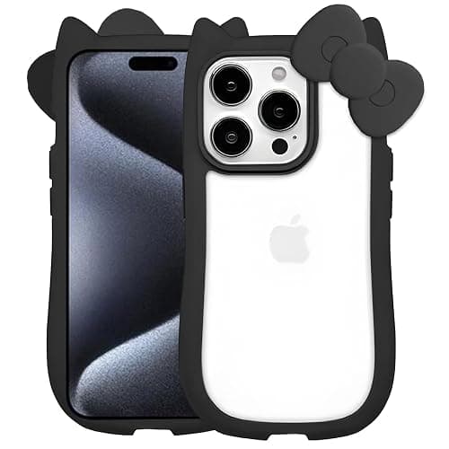 OTTARTAKS Compatible with iPhone 15 Pro Case Cute 3D Bow for Women Girls, Kawii Cat Ear Kitty Design Soft Silicone and Clear Hard Shockproof Black Phone Case for iPhone 15 Pro 6.1inch - Image 1