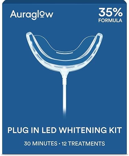 Auraglow Plug-in LED Teeth Whitening Kit – Wired Light Device – 35% Carbamide Peroxide Gel – 12 Treatments – at-Home Tooth Whitening System – Enamel-Safe at-Home Whitening for Coffee & Tea Stains - Image 1