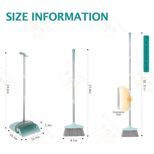 XXXFLOWER Broom and Dustpan Set with Cleaning Teeth, 55" Long Handle Indoor Sweeping Combo for Home Office Kitchen, Bluish Green thumbnail 2