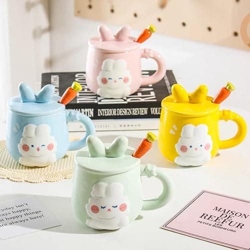 Heardbeli Cute Ceramic 3D Cartoon Rabbit Bunny Coffee Mug 420ML/14.2OZ, with Rabbit Ear Lid and Carrot Spoon, Fun and Novelty Gift for Women Girls (Blue) thumbnail 7