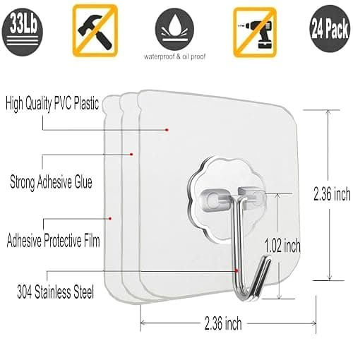 Jwxstore 24 Pack Heavy Duty Self Adhesive Hooks - 33lb Max, Transparent, Waterproof, Sticky Wall Hooks for Keys, Bathroom, Shower, Outdoor, Kitchen, Door, Home Improvement, Utility thumbnail 2