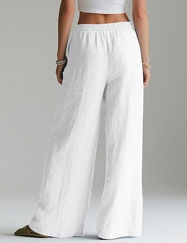 LOMON Linen Pants Women Wide Leg Palazzo Summer Flowy Pants Beach Vacation Clothes Elastic Waist Travel Trousers with Pockets thumbnail 4