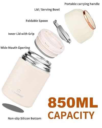 Dreamhigh® Thermos Alimentaire Chaud 850 ml, Acier Inoxydable Boite Repas Isotherme avec Poignée, boite alimentaire isotherme avec Cuillère, sans BPA, pour Ecole, Bureau, Camping (Blanc) thumbnail 5