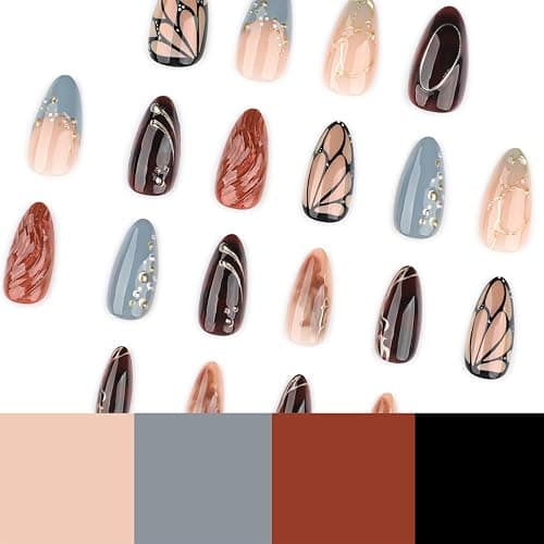 Mivota Luxury Smoky Blue Amber Press On Nails Medium Almond Gold Metal Butterfly Brown Marble Fake Nails Set Vintage Elegant 3D Gold Bead Reusable Nails for Women Korean Chic Daily Wear Nail Tips thumbnail 5