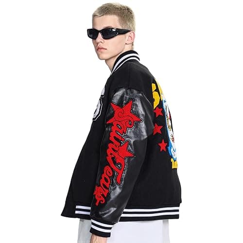 Arnodefrance Men Saint Savior Graphic Print Varsity Jacket Vintage Baseball Jackets streetwear Coats - Large - Black thumbnail 5