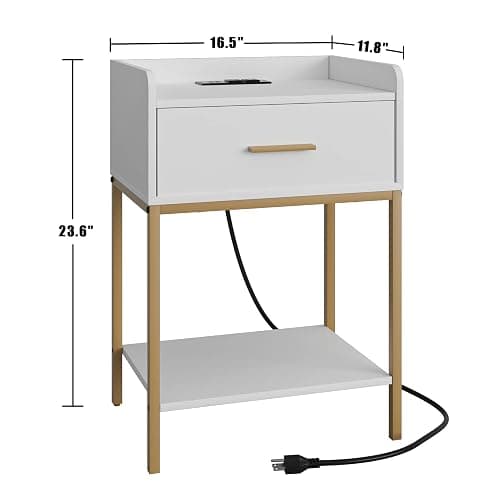 Masupu Nightstand with Charging Station,3-Tier Modern Bedside Night Stand with Storage Drawer and Shelf,Small End Side Table for Bedroom,Living Room,White thumbnail 2