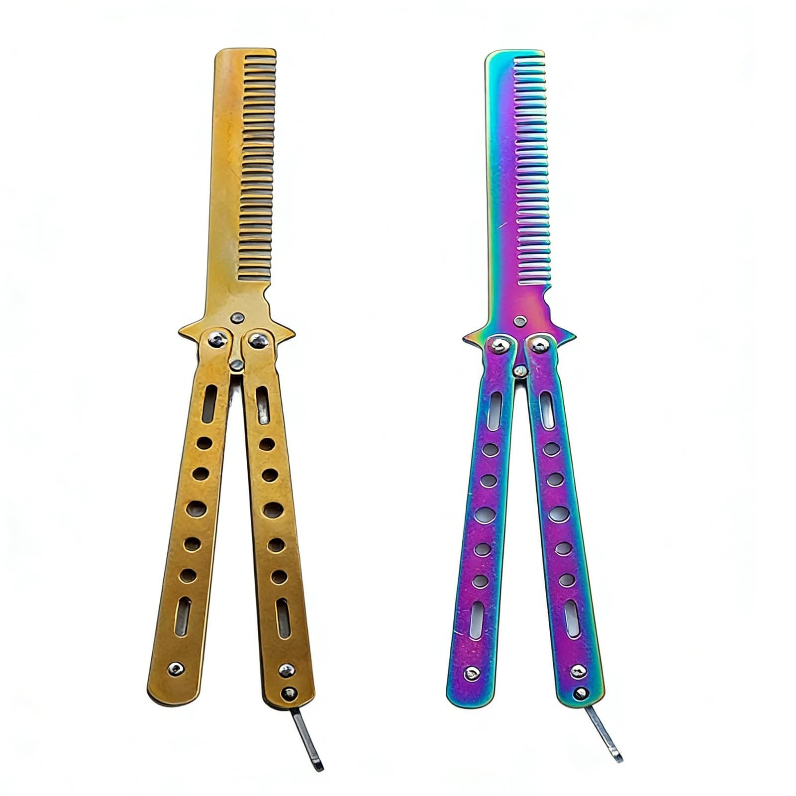 2 pcs Stainless Steel Practice Butterfly Knife and Comb Trainer for Beginners - Portable, Multifunctional Tools for Butterfly Comb Enthusiasts - Safe and Durable Training Set (Colorful,Gold） thumbnail 7