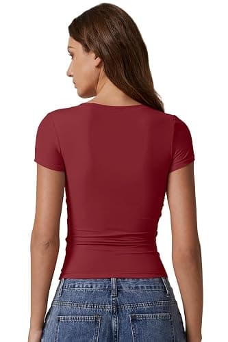 QINSEN Short Sleeve Shirts for Women Round Neck Basic Double Lined Tees Fitted Y2k Crop Tops thumbnail 2