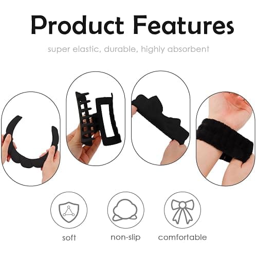 Canitor Sponge Spa Headbands Wristband Set with Hair Clips Skincare for Washing Face Non Slip Puffy Terry Cloth Makeup Headband Face Wash Wrist Bands Cute Trendy Stuff (black) thumbnail 7