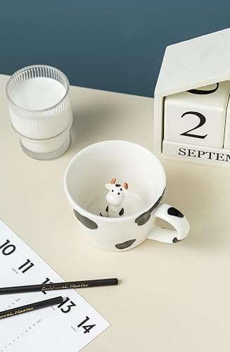 DIHOclub Cow Ceramic Cup Hidden 3D Animal Inside Mug,Cute Cartoon Handmade Figurine Mugs,Holiday and Birthday Gift for Coffee Milk Tea Lovers,12 OZ(White,Black) thumbnail 3