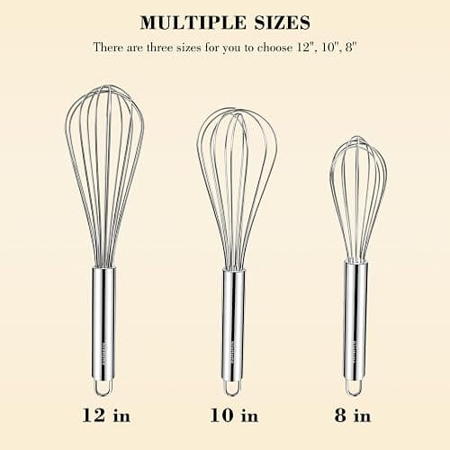 NileHome Stainless Steel Whisk Set 8" 10" 12" Kitchen Whisk Balloon Whisk Kitchen Wisk Wire Whisks for Cooking, Whisking, Blending, Beating, Stirring-3 Pack… thumbnail 3