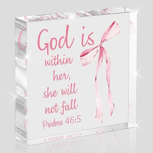 Pink Bow Room Decor, Inspirational Bible Verse Quotes, Christian Gifts for Women, Coquette Aesthetic Bow Dorm Decoration, Office Decor for Women, Acrylic Office Desk Accessories Decoration-Psalm 46:5 - Image 1