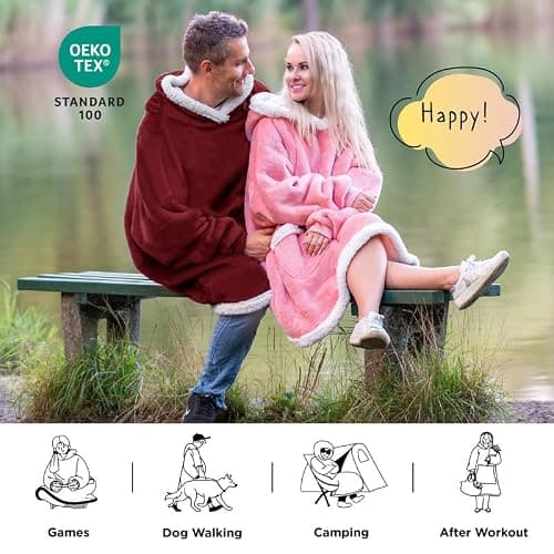 Bedsure Blanket Hoodie, Wearable Blanket for Adults & Kids as Gifts for Women Men, Birthday Gifts for Women Mom Girl Sherpa Oversized Hoodie, Burgundy, Standard thumbnail 5