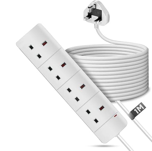 Electric Extension Lead - 4 way 1 Metre lead with UK Plug & 3 Pin Socket - Neon light, Wall Mountable & Multi Socket Mains power Strip for office, bedroom, kitchen - Image 1