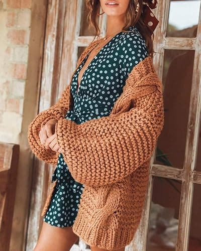 Cicy Bell Women's Open Front Chunky Knit Cardigan Loose Lantern Sleeve Oversized Sweater Coats thumbnail 3