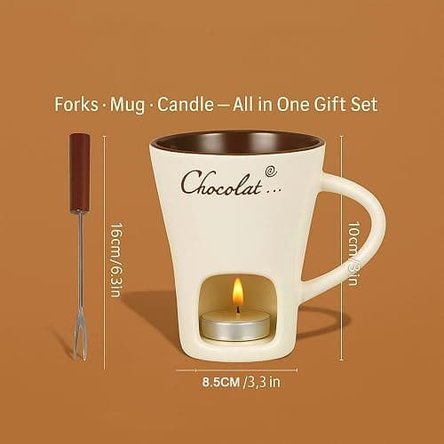 CREHNIL Chocolate Melting Mug Cheese Candy Mini Fondue Pot With Forks (Red) thumbnail 3