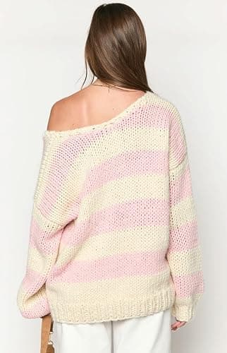 Women Striped Knit Sweaters 2025 Oversized Fall Winter Drop Shoulder Color Block Long Sleeve Loose Fit Pullover Tops thumbnail 3