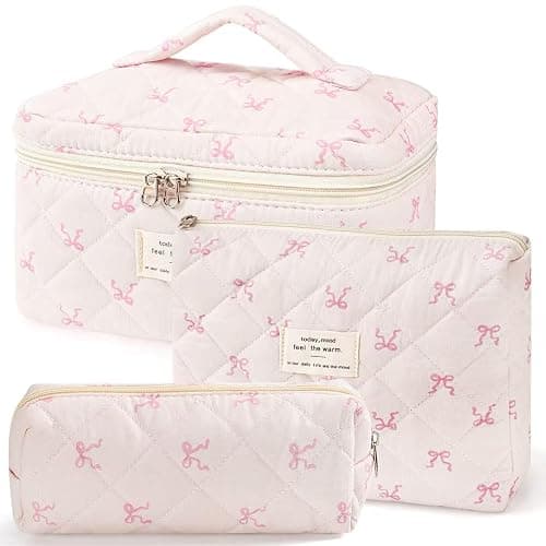 MZLUWM 3Pcs Makeup Bag Cute Cosmetic Bags for Women, Large Capacity Travel Quilted Makeup Bag Set,Cotton Floral Makeup Pouch, Coquette Puffy Toiletry Bag,Attractive Quilted Pouch (Pink bow) - Image 1