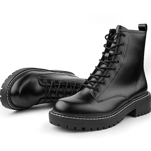 ICHIGO Women’s Fashion Ankle Booties Causal 8-Eye Side Zipper Lace-up Combat Boots - Image 1